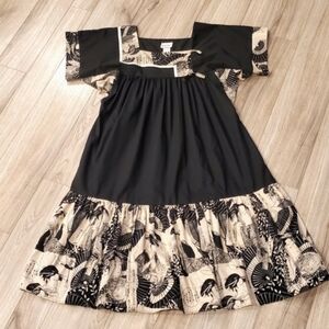 Vintage Hawaiian Midi Dress, Cotton, Black, Creamy Tan, Pattern, Small, LIKE NEW